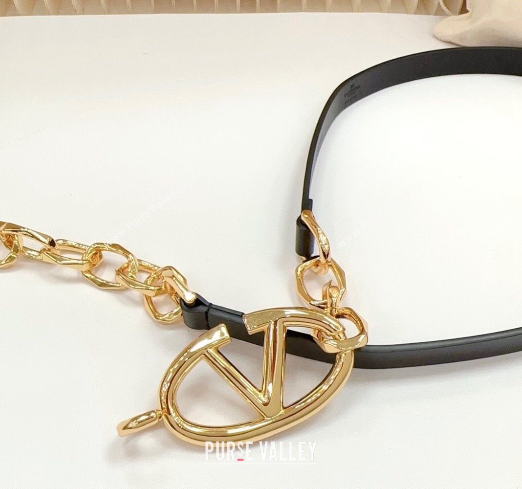 Valentino The Bold Edition VLogo Calfskin and Chain Belt 1.5cm Black/Gold 2024 0615 (99-240615084)