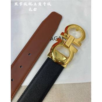 Ferragamo Mens Belt 3.5cm in Reversible Black Palm-Grained and Brown Smooth Leather Shiny Gold 2024 (99-240615019)