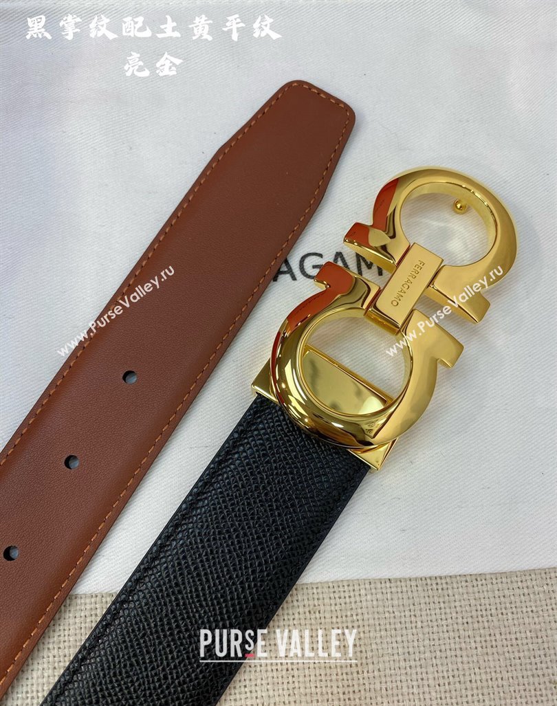 Ferragamo Mens Belt 3.5cm in Reversible Black Palm-Grained and Brown Smooth Leather Shiny Gold 2024 (99-240615019)