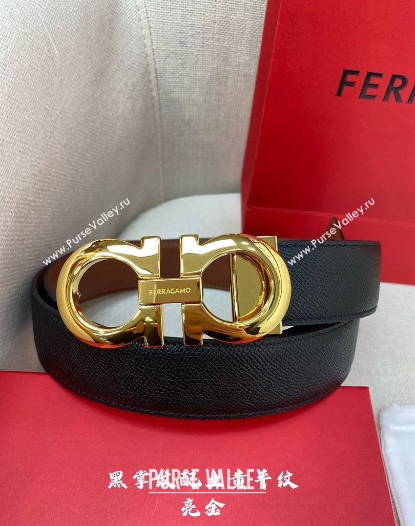 Ferragamo Mens Belt 3.5cm in Reversible Black Palm-Grained and Brown Smooth Leather Shiny Gold 2024 (99-240615019)