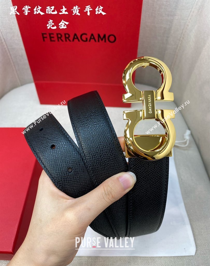 Ferragamo Mens Belt 3.5cm in Reversible Black Palm-Grained and Brown Smooth Leather Shiny Gold 2024 (99-240615019)