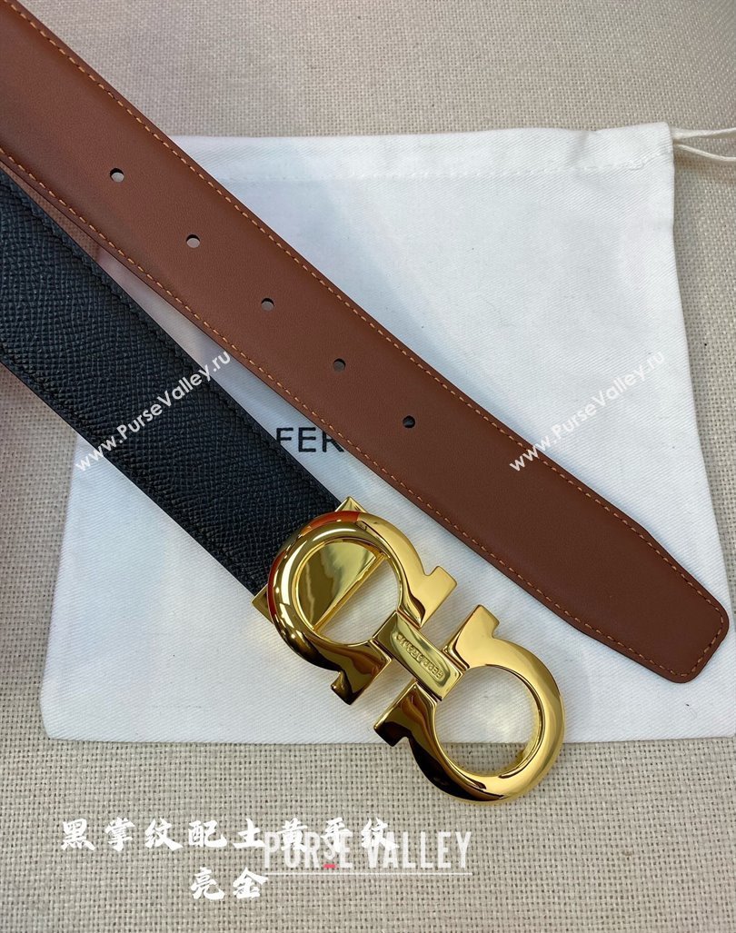 Ferragamo Mens Belt 3.5cm in Reversible Black Palm-Grained and Brown Smooth Leather Shiny Gold 2024 (99-240615019)