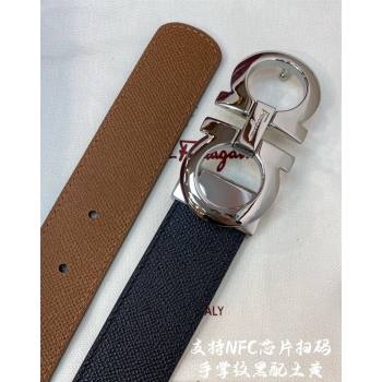 Ferragamo Belt 3.5cm in Reversible Palm-Grained Leather Clay Brown/Black/Shiny Silver 2024 0615 (99-240615026)