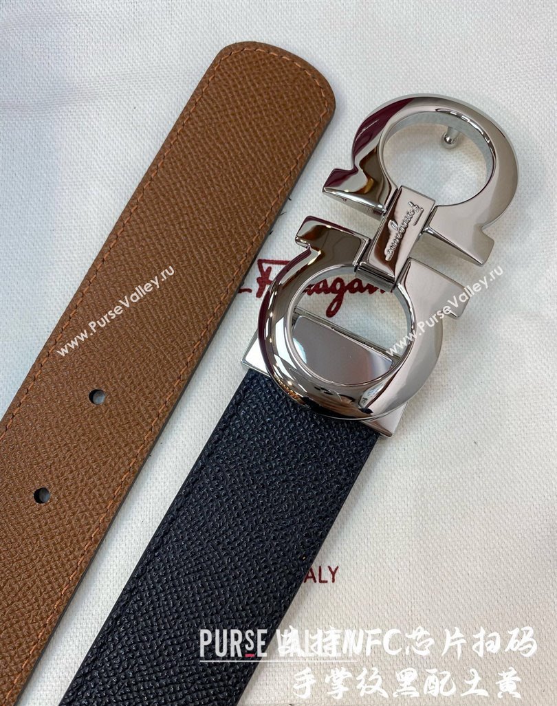 Ferragamo Belt 3.5cm in Reversible Palm-Grained Leather Clay Brown/Black/Shiny Silver 2024 0615 (99-240615026)