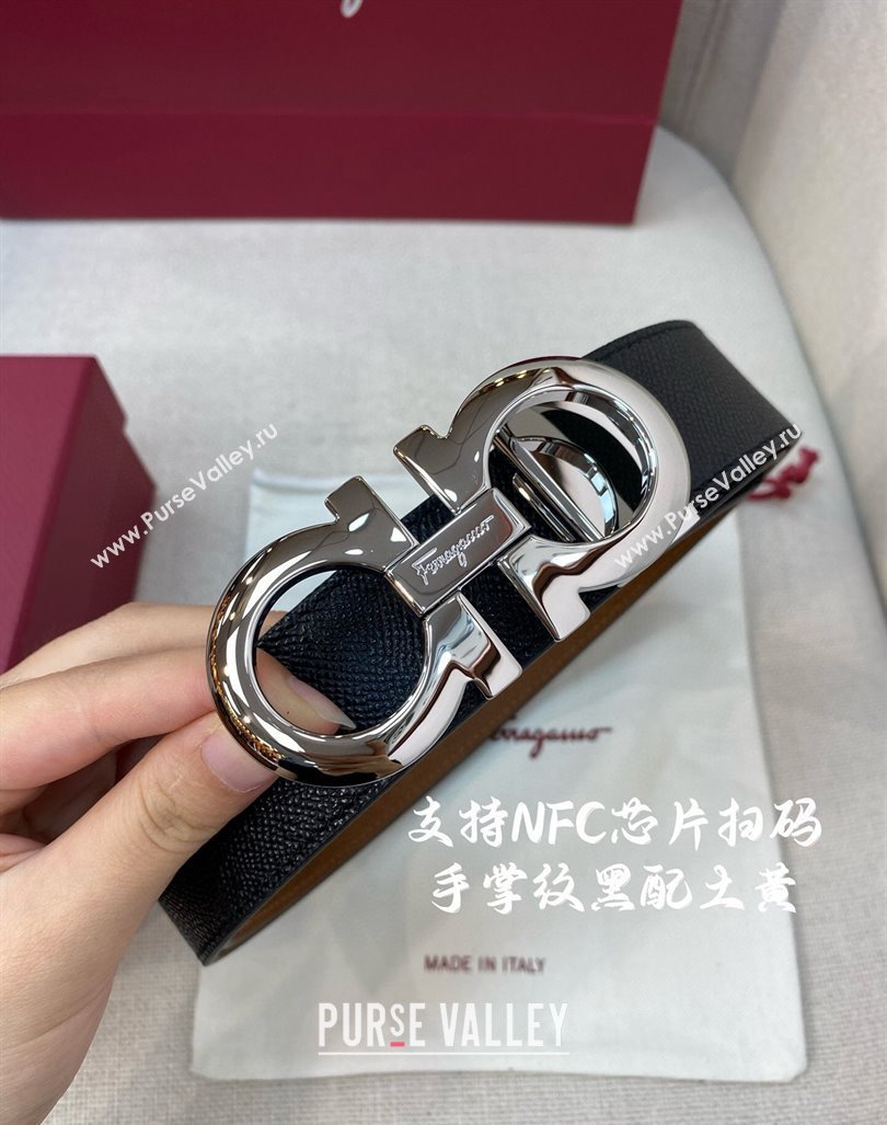 Ferragamo Belt 3.5cm in Reversible Palm-Grained Leather Clay Brown/Black/Shiny Silver 2024 0615 (99-240615026)