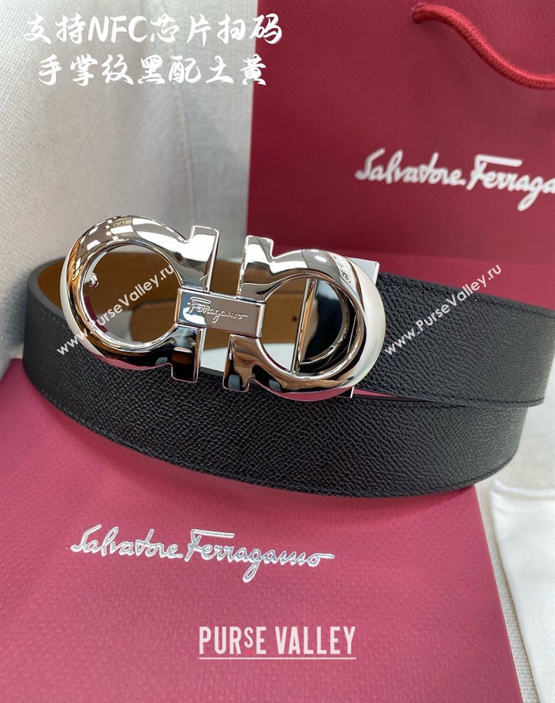 Ferragamo Belt 3.5cm in Reversible Palm-Grained Leather Clay Brown/Black/Shiny Silver 2024 0615 (99-240615026)