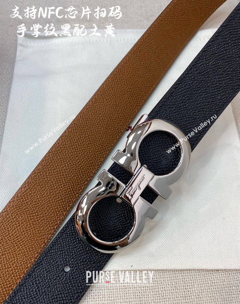 Ferragamo Belt 3.5cm in Reversible Palm-Grained Leather Clay Brown/Black/Shiny Silver 2024 0615 (99-240615026)