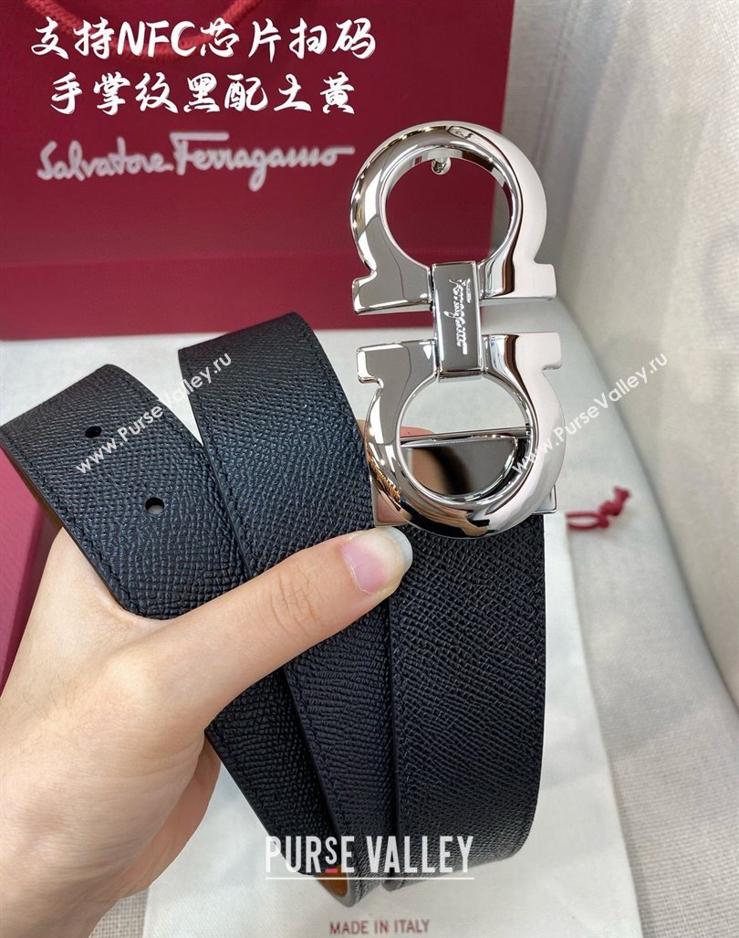 Ferragamo Belt 3.5cm in Reversible Palm-Grained Leather Clay Brown/Black/Shiny Silver 2024 0615 (99-240615026)