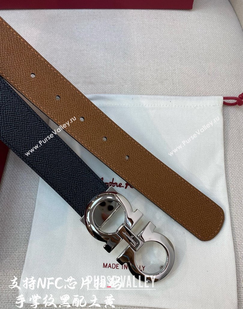 Ferragamo Belt 3.5cm in Reversible Palm-Grained Leather Clay Brown/Black/Shiny Silver 2024 0615 (99-240615026)