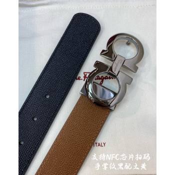 Ferragamo Belt 3.5cm in Reversible Palm-Grained Leather Clay Brown/Black/Shiny Gunmetal 2024 0615 (99-240615027)