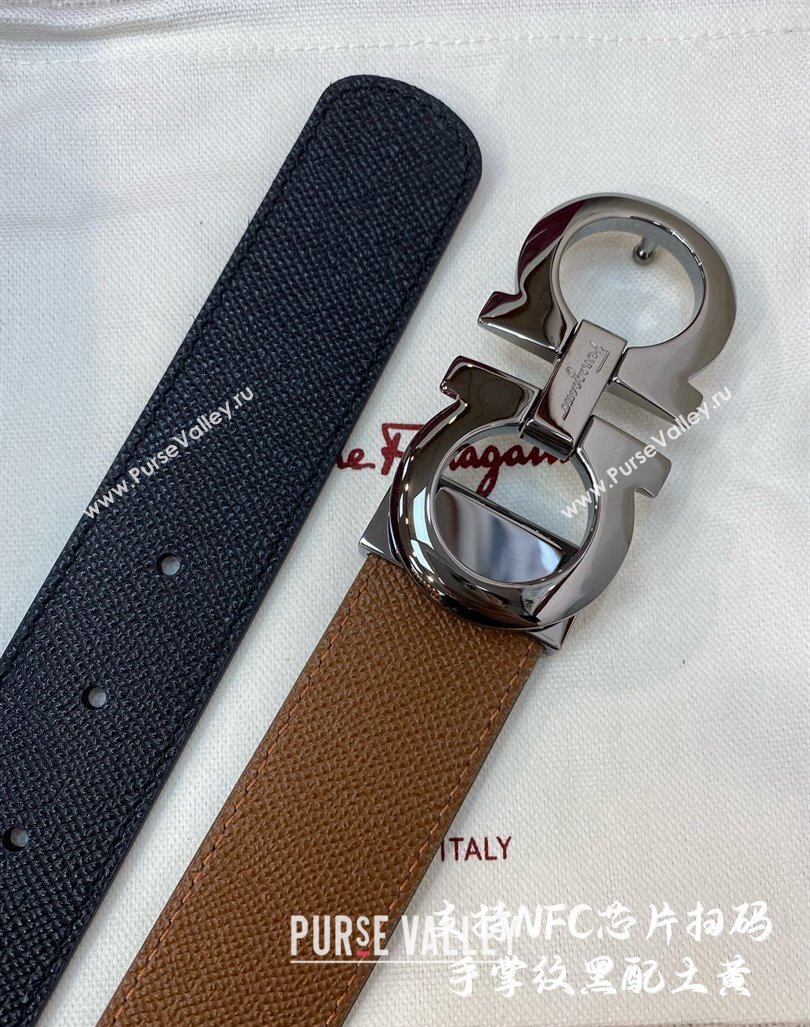 Ferragamo Belt 3.5cm in Reversible Palm-Grained Leather Clay Brown/Black/Shiny Gunmetal 2024 0615 (99-240615027)