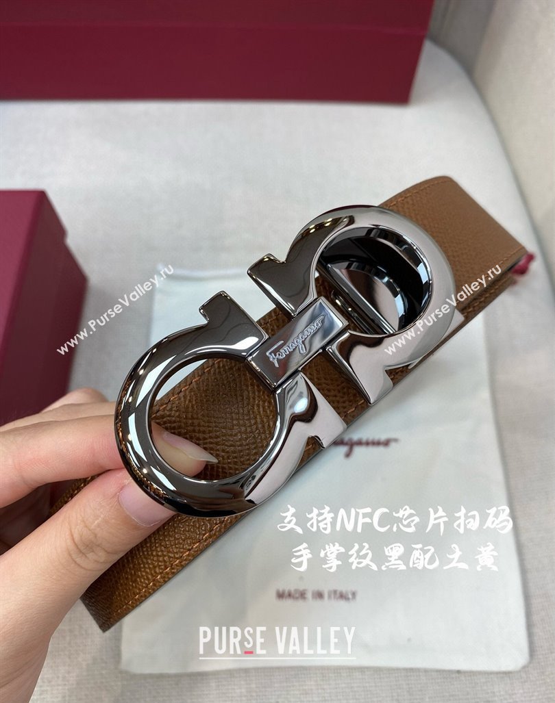 Ferragamo Belt 3.5cm in Reversible Palm-Grained Leather Clay Brown/Black/Shiny Gunmetal 2024 0615 (99-240615027)