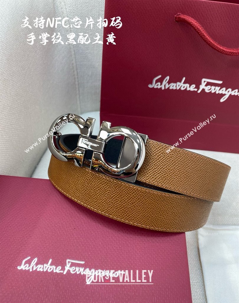 Ferragamo Belt 3.5cm in Reversible Palm-Grained Leather Clay Brown/Black/Shiny Gunmetal 2024 0615 (99-240615027)