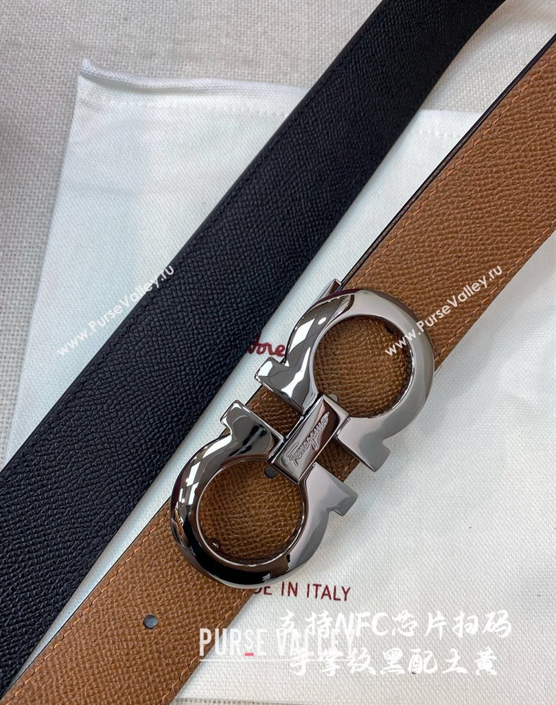 Ferragamo Belt 3.5cm in Reversible Palm-Grained Leather Clay Brown/Black/Shiny Gunmetal 2024 0615 (99-240615027)