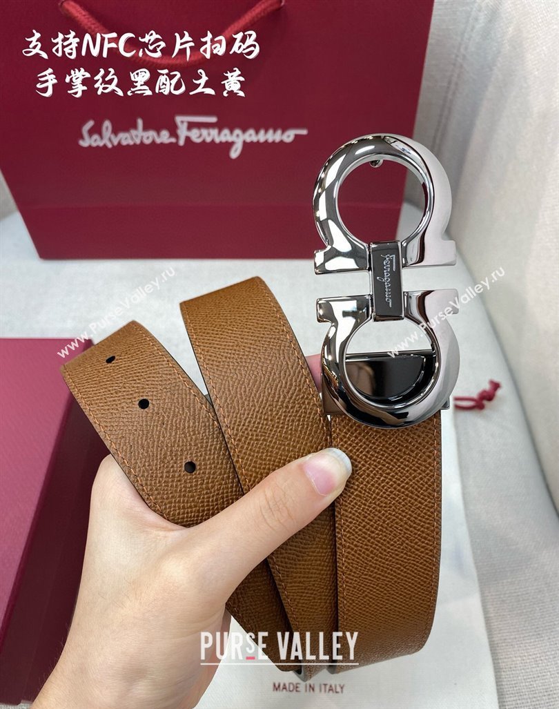 Ferragamo Belt 3.5cm in Reversible Palm-Grained Leather Clay Brown/Black/Shiny Gunmetal 2024 0615 (99-240615027)