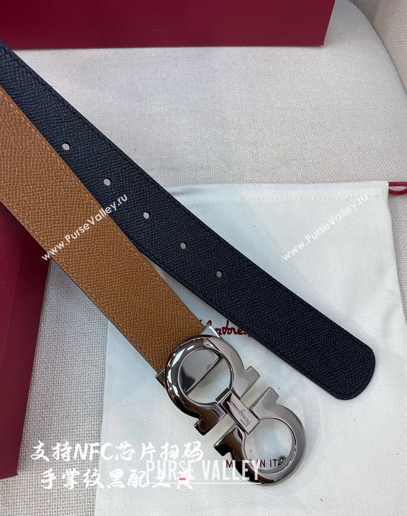 Ferragamo Belt 3.5cm in Reversible Palm-Grained Leather Clay Brown/Black/Shiny Gunmetal 2024 0615 (99-240615027)