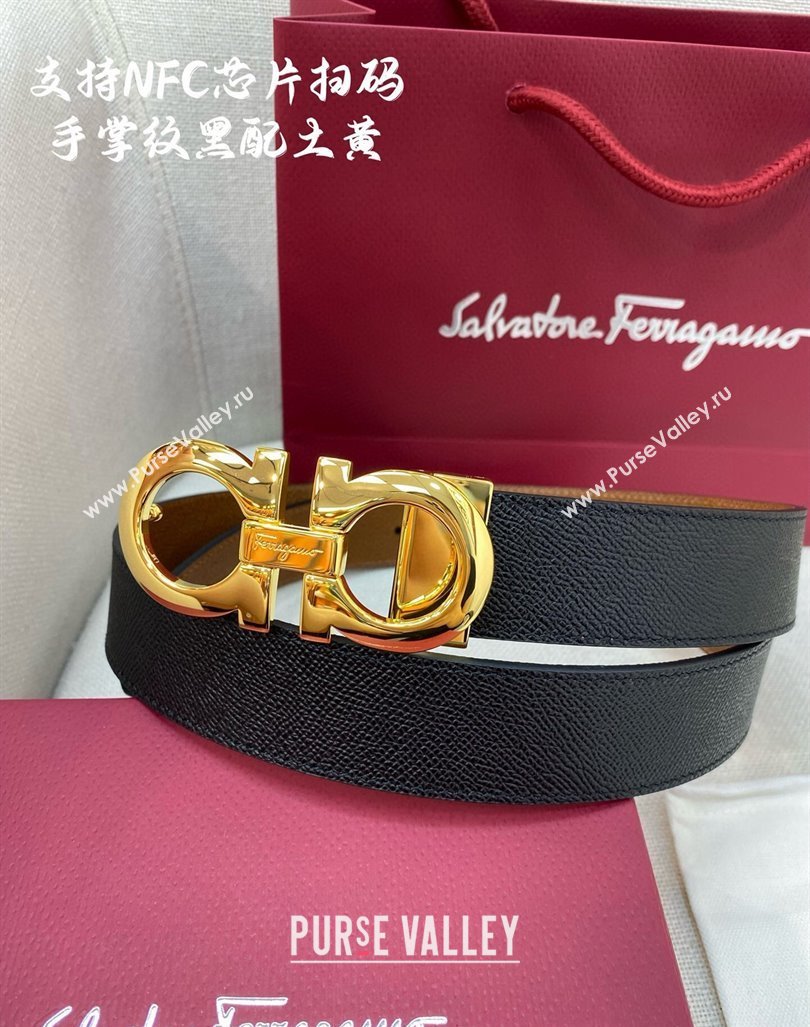 Ferragamo Belt 3.5cm in Reversible Palm-Grained Leather Clay Brown/Black/Shiny Gold 2024 0615 (99-240615028)