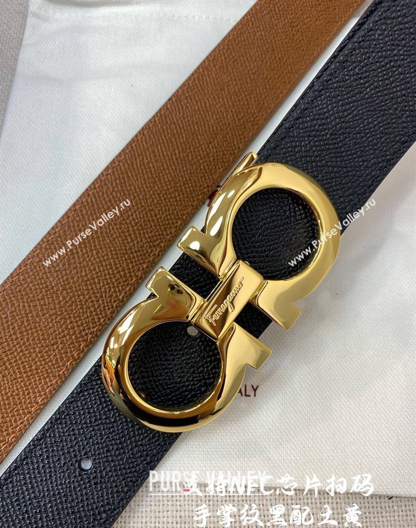 Ferragamo Belt 3.5cm in Reversible Palm-Grained Leather Clay Brown/Black/Shiny Gold 2024 0615 (99-240615028)