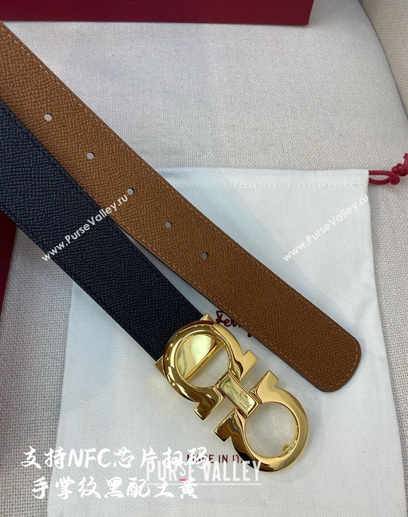 Ferragamo Belt 3.5cm in Reversible Palm-Grained Leather Clay Brown/Black/Shiny Gold 2024 0615 (99-240615028)