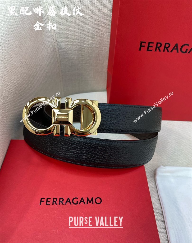 Ferragamo Belt 3.5cm in Reversible Litchi-Grained Leather Black/Coffee Brown/Shiny Gold 2024 0615 (99-240615033)