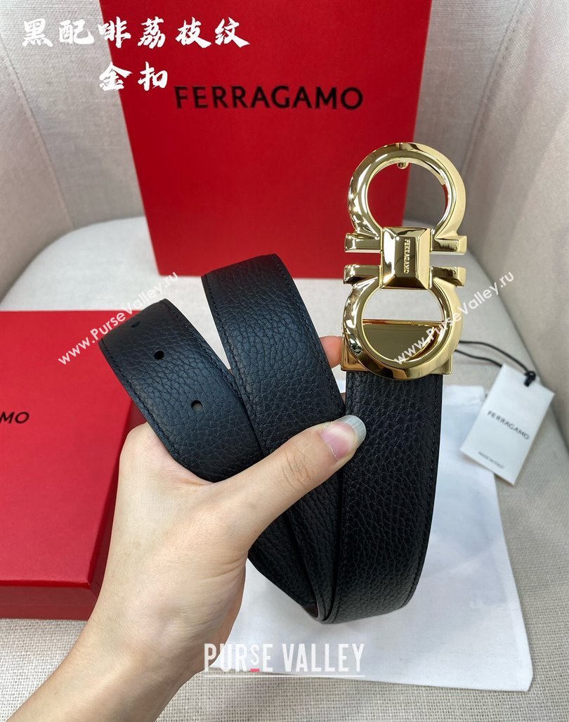 Ferragamo Belt 3.5cm in Reversible Litchi-Grained Leather Black/Coffee Brown/Shiny Gold 2024 0615 (99-240615033)