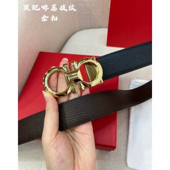 Ferragamo Belt 3.5cm in Reversible Litchi-Grained Leather Black/Coffee Brown/Shiny Gold 2024 0615 (99-240615033)