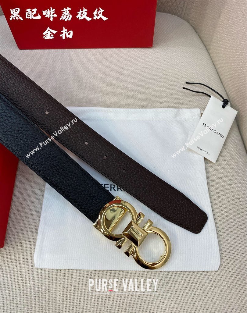 Ferragamo Belt 3.5cm in Reversible Litchi-Grained Leather Black/Coffee Brown/Shiny Gold 2024 0615 (99-240615033)