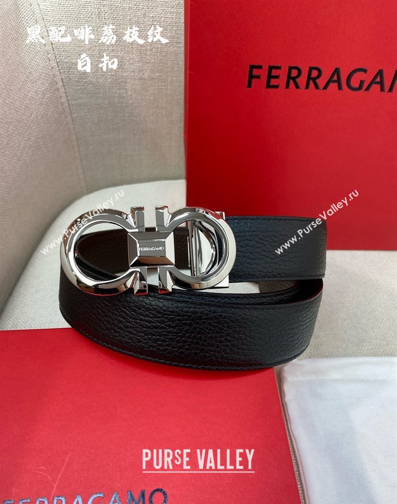 Ferragamo Belt 3.5cm in Reversible Litchi-Grained Leather Black/Coffee Brown/Shiny Silver 2024 0615 (99-240615036)