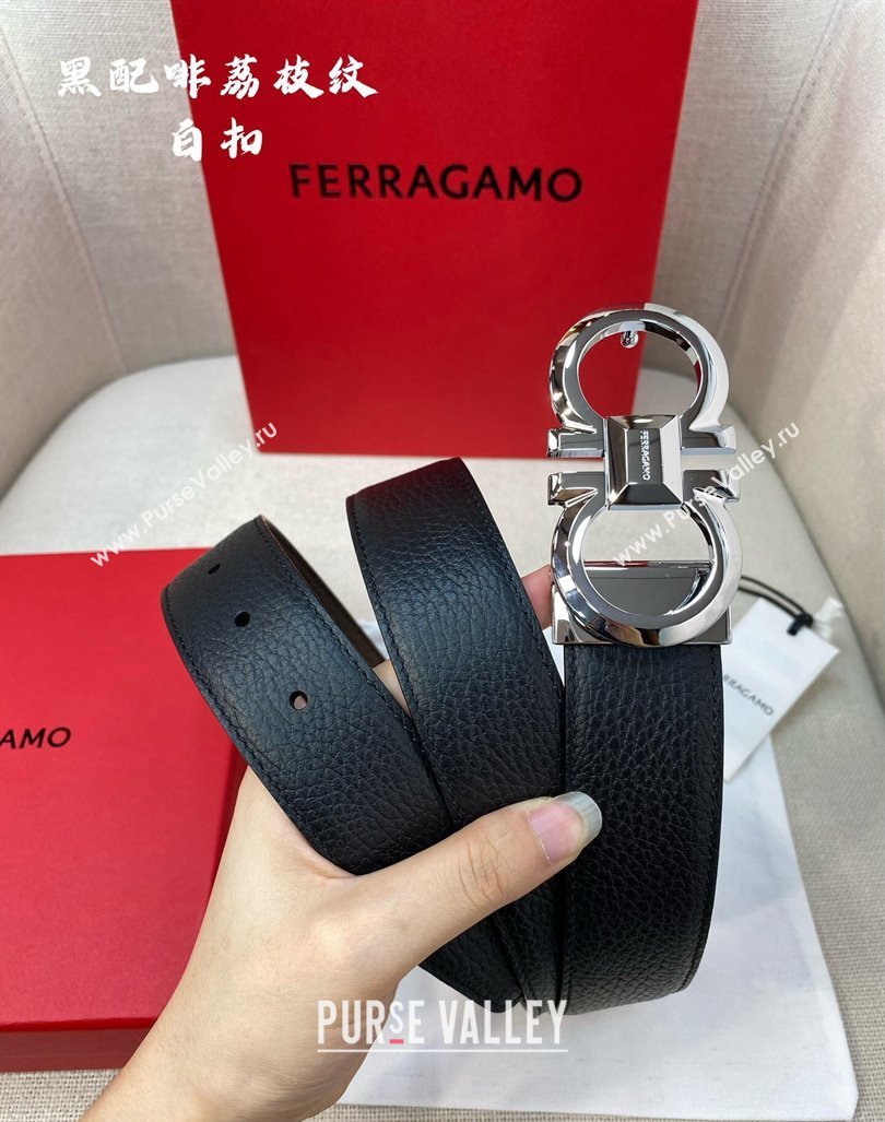 Ferragamo Belt 3.5cm in Reversible Litchi-Grained Leather Black/Coffee Brown/Shiny Silver 2024 0615 (99-240615036)