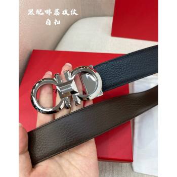 Ferragamo Belt 3.5cm in Reversible Litchi-Grained Leather Black/Coffee Brown/Shiny Silver 2024 0615 (99-240615036)