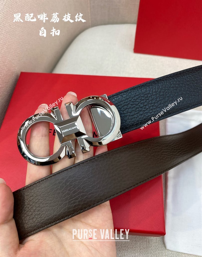 Ferragamo Belt 3.5cm in Reversible Litchi-Grained Leather Black/Coffee Brown/Shiny Silver 2024 0615 (99-240615036)