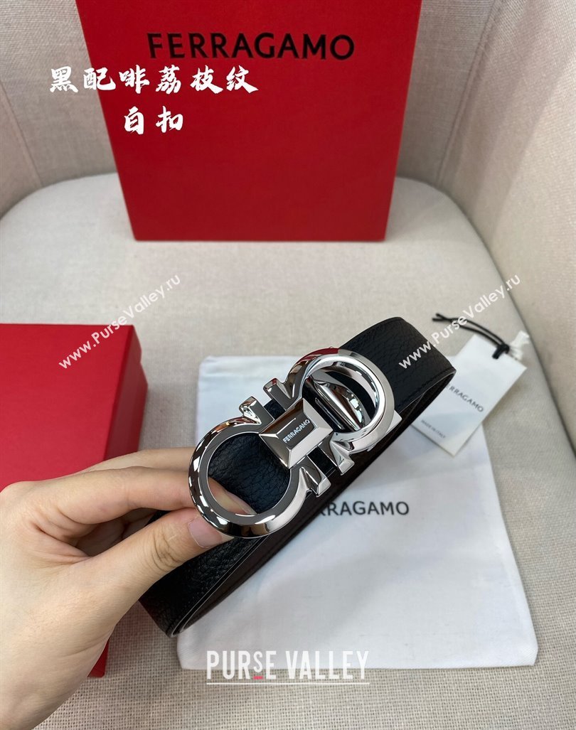 Ferragamo Belt 3.5cm in Reversible Litchi-Grained Leather Black/Coffee Brown/Shiny Silver 2024 0615 (99-240615036)