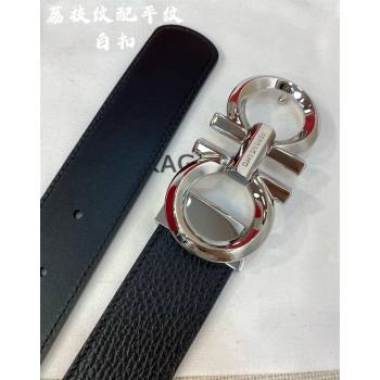 Ferragamo Belt 3.5cm in Reversible Black Litchi-Grained and Smooth Leather Shiny Silver 2024 0615 (99-240615044)