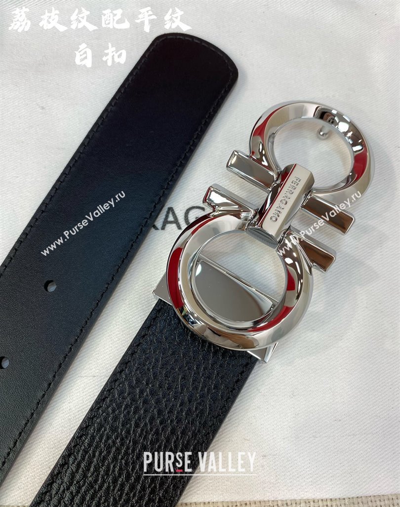 Ferragamo Belt 3.5cm in Reversible Black Litchi-Grained and Smooth Leather Shiny Silver 2024 0615 (99-240615044)