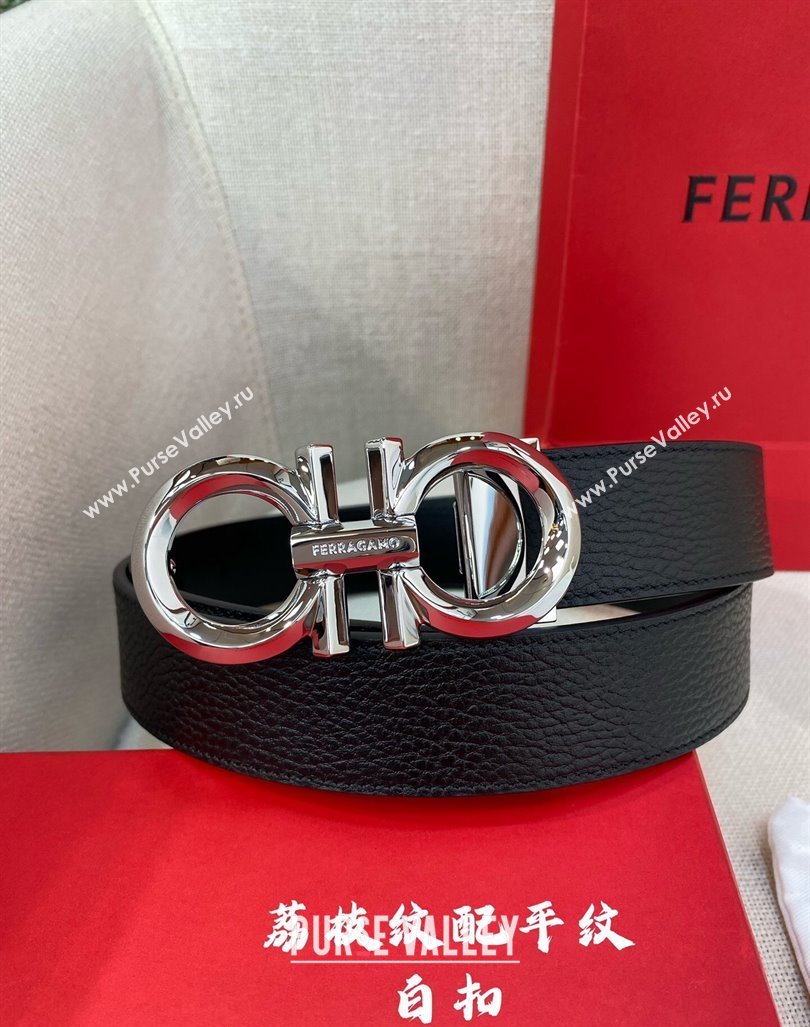 Ferragamo Belt 3.5cm in Reversible Black Litchi-Grained and Smooth Leather Shiny Silver 2024 0615 (99-240615044)