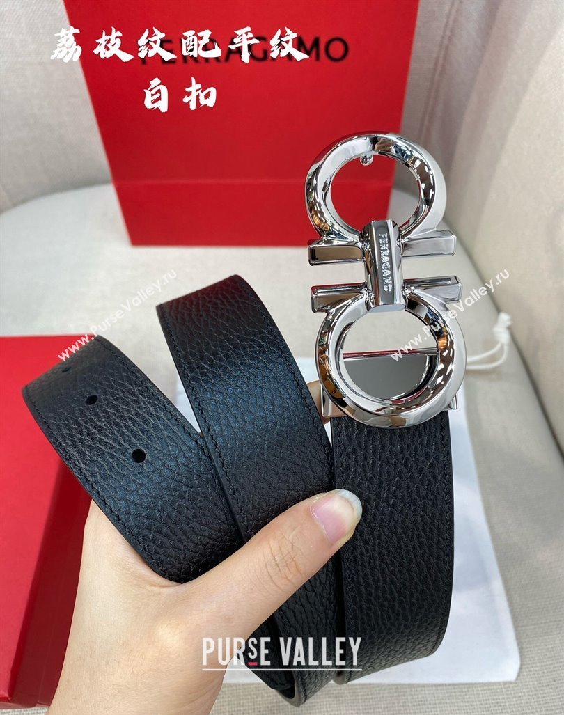 Ferragamo Belt 3.5cm in Reversible Black Litchi-Grained and Smooth Leather Shiny Silver 2024 0615 (99-240615044)