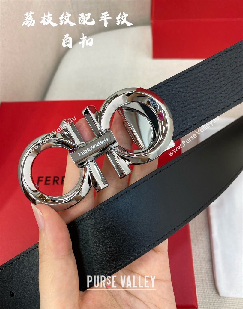 Ferragamo Belt 3.5cm in Reversible Black Litchi-Grained and Smooth Leather Shiny Silver 2024 0615 (99-240615044)