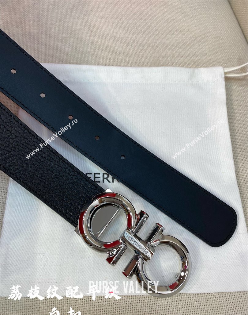 Ferragamo Belt 3.5cm in Reversible Black Litchi-Grained and Smooth Leather Shiny Silver 2024 0615 (99-240615044)