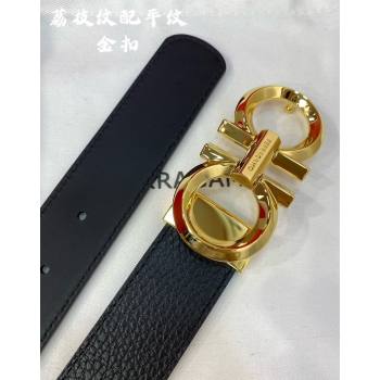 Ferragamo Belt 3.5cm in Reversible Black Litchi-Grained and Smooth Leather Shiny Gold 2024 0615 (99-240615045)