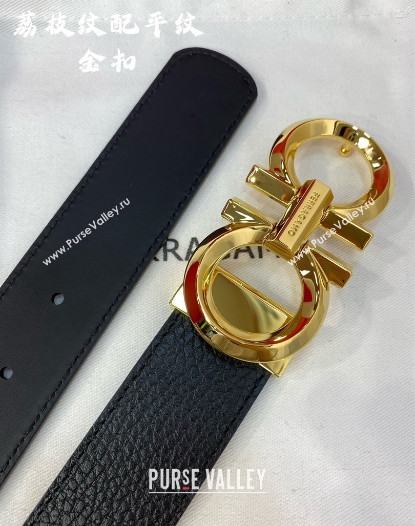 Ferragamo Belt 3.5cm in Reversible Black Litchi-Grained and Smooth Leather Shiny Gold 2024 0615 (99-240615045)