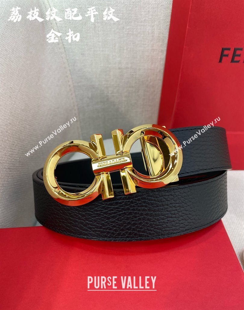 Ferragamo Belt 3.5cm in Reversible Black Litchi-Grained and Smooth Leather Shiny Gold 2024 0615 (99-240615045)