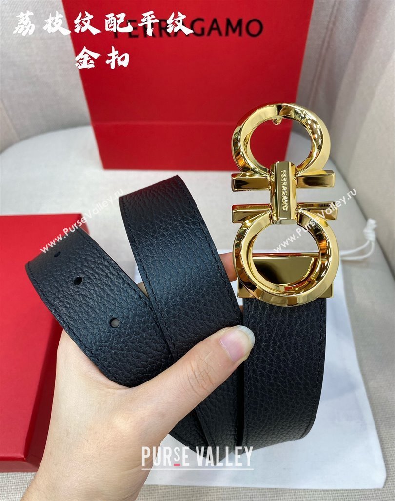 Ferragamo Belt 3.5cm in Reversible Black Litchi-Grained and Smooth Leather Shiny Gold 2024 0615 (99-240615045)