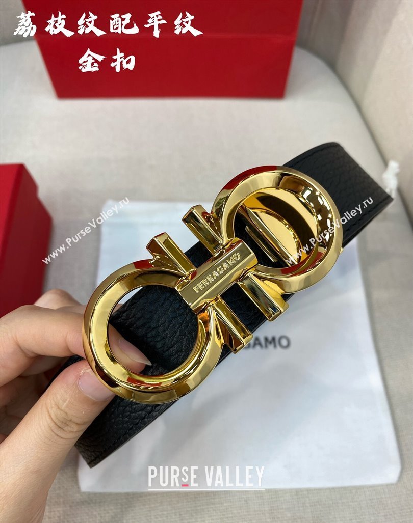 Ferragamo Belt 3.5cm in Reversible Black Litchi-Grained and Smooth Leather Shiny Gold 2024 0615 (99-240615045)