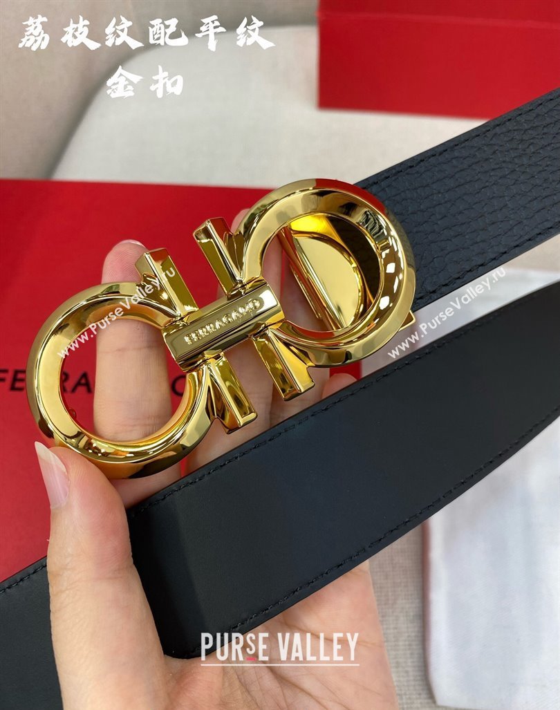 Ferragamo Belt 3.5cm in Reversible Black Litchi-Grained and Smooth Leather Shiny Gold 2024 0615 (99-240615045)