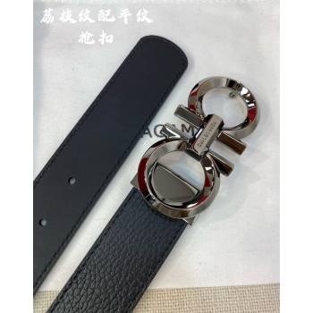 Ferragamo Belt 3.5cm in Reversible Black Litchi-Grained and Smooth Leather Shiny Gunmetal 2024 0615 (99-240615046)