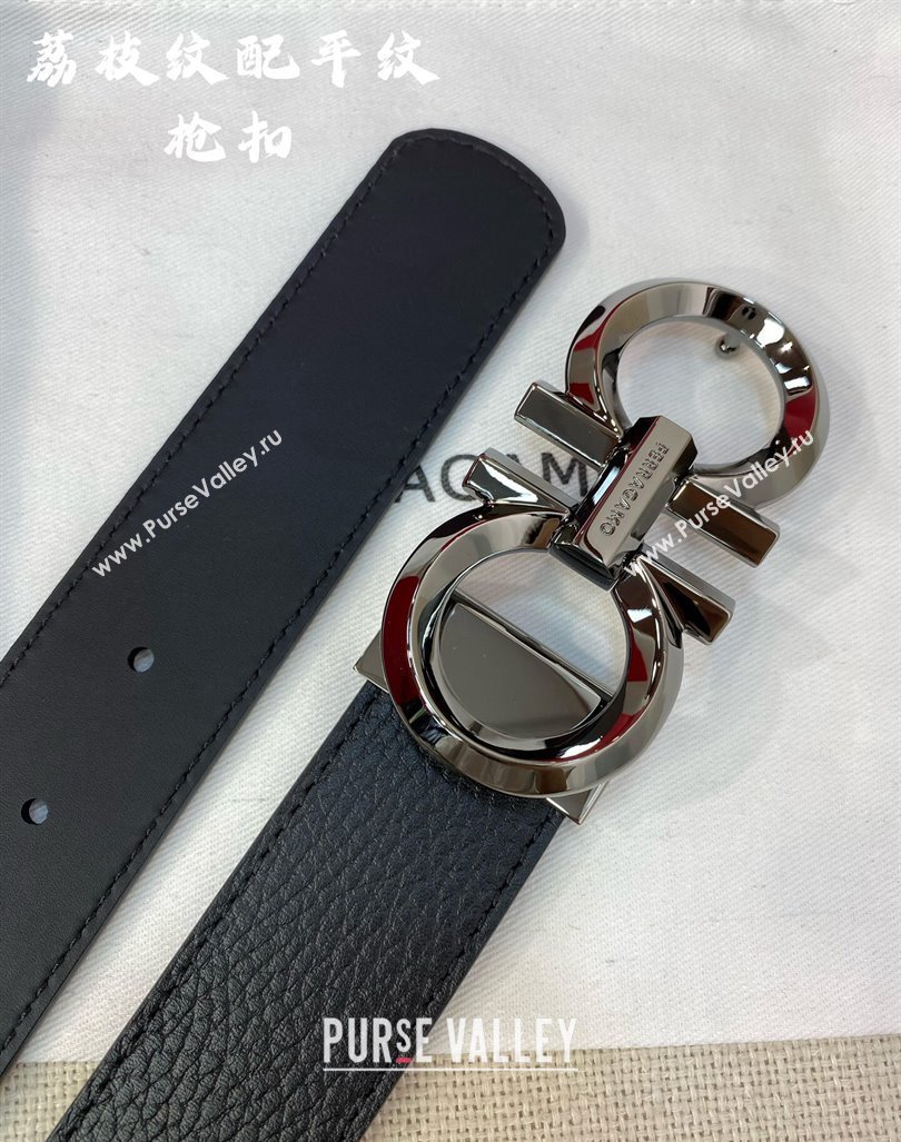 Ferragamo Belt 3.5cm in Reversible Black Litchi-Grained and Smooth Leather Shiny Gunmetal 2024 0615 (99-240615046)