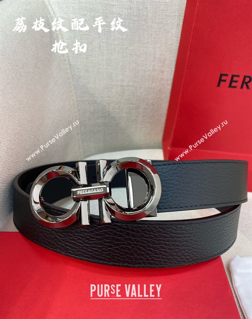 Ferragamo Belt 3.5cm in Reversible Black Litchi-Grained and Smooth Leather Shiny Gunmetal 2024 0615 (99-240615046)