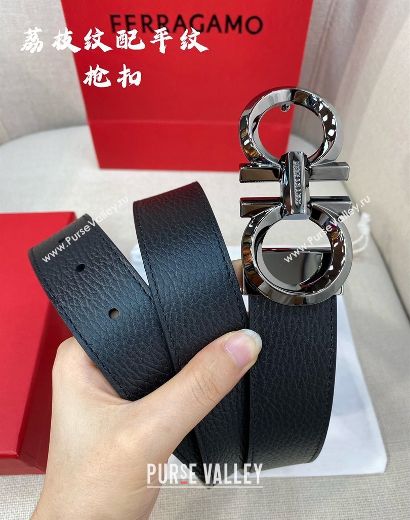 Ferragamo Belt 3.5cm in Reversible Black Litchi-Grained and Smooth Leather Shiny Gunmetal 2024 0615 (99-240615046)