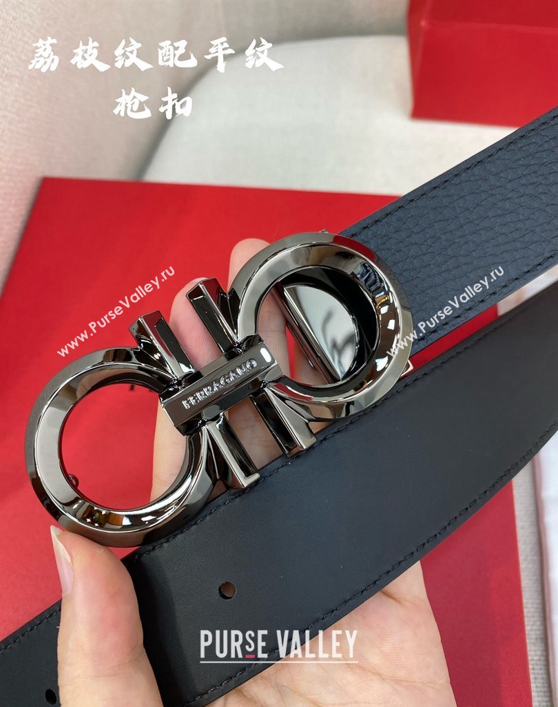 Ferragamo Belt 3.5cm in Reversible Black Litchi-Grained and Smooth Leather Shiny Gunmetal 2024 0615 (99-240615046)