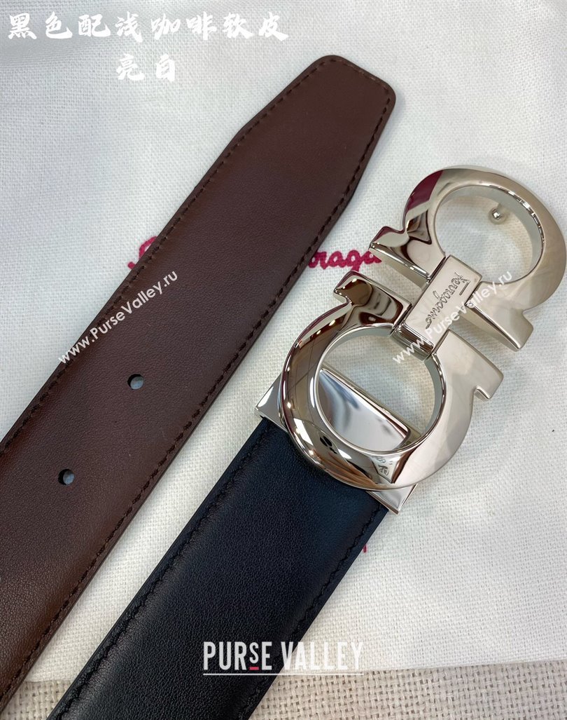 Ferragamo Belt 3.5cm in Reversible Soft Leather Black/Light Coffee/Shiny Silver 2024 0615 (99-240615047)